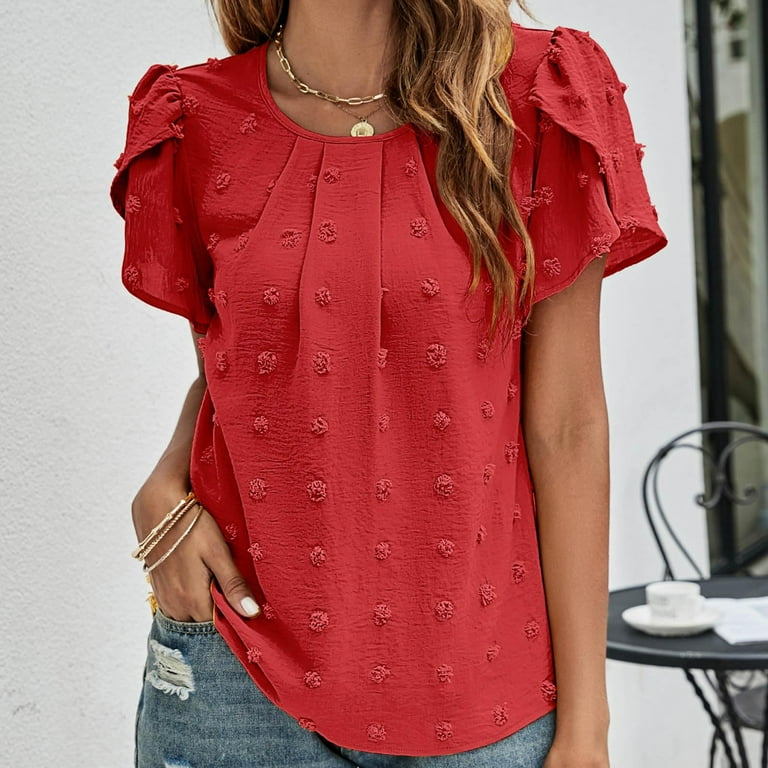 YYDGH Women's Cute Swiss Dot Casual Summer Tops Crew Neck Short Sleeve  Blouses Solid Color Loose Fit Shirts Tees Red M 