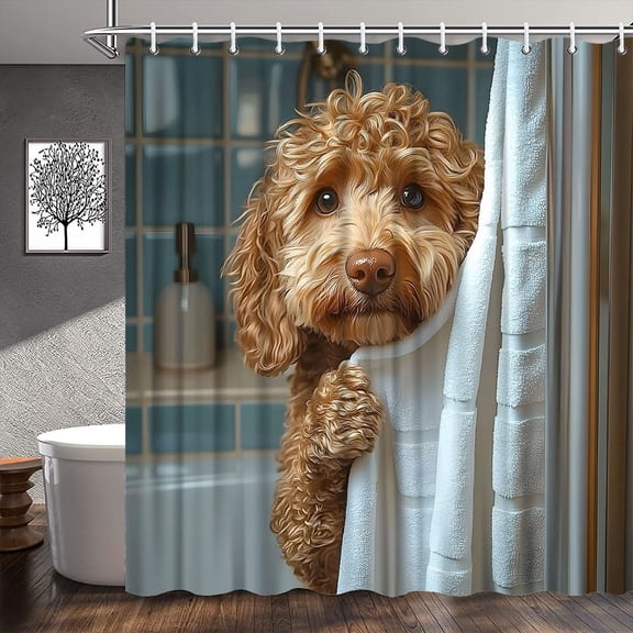 Funny Goldendoodle Dog Shower Curtain, Cute Puppy in Bathtub Bubble, Farmhouse Pet Lover Bathroom Decor, Polyester Fabric with Hooks 36"W x 72"H