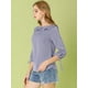 thumbnail image 4 of Allegra K Blusa de lunares de verano de media manga con cuello con volantes para mujer Púrpura L, 4 of 6