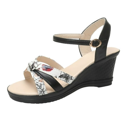 

Women Summer Multicolour Printed Outwear Beach Soft Leather Large Size Buckle Slope Heel Sandals