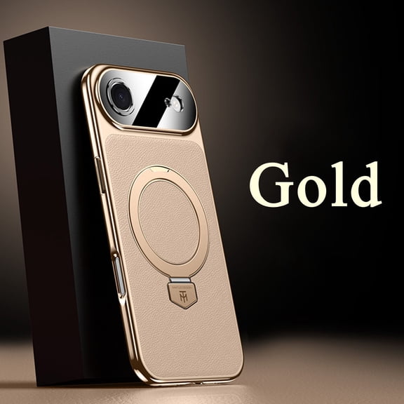 ELEHOLD Luxury Leather Case For iPhone Air,Shockproof Ruggd PC TPU Electroplated Large Window Magnetic Ring Stand Magnetic Case,Gold