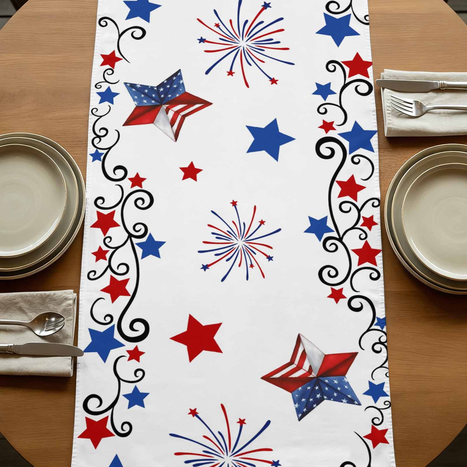 Table Runners 72 Inches Long Dress Scarves, Independence Day Farmhouse Kitchen Table Runner, Coffee Tablerunners, 4th of July Blue Red Star Fireworks 14x72 Inch