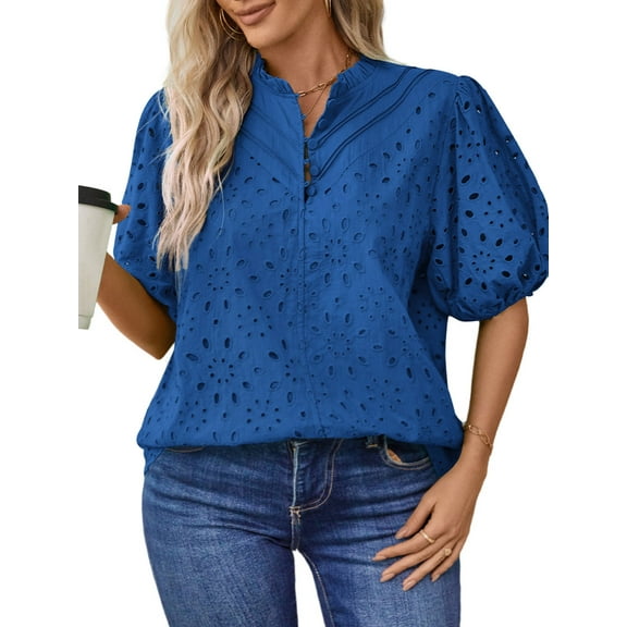 UVN Summer Blouses for Women Short Sleeve Shirts Ladies Hollow Out Lace Blouse V Neck Dressy Casual Tops