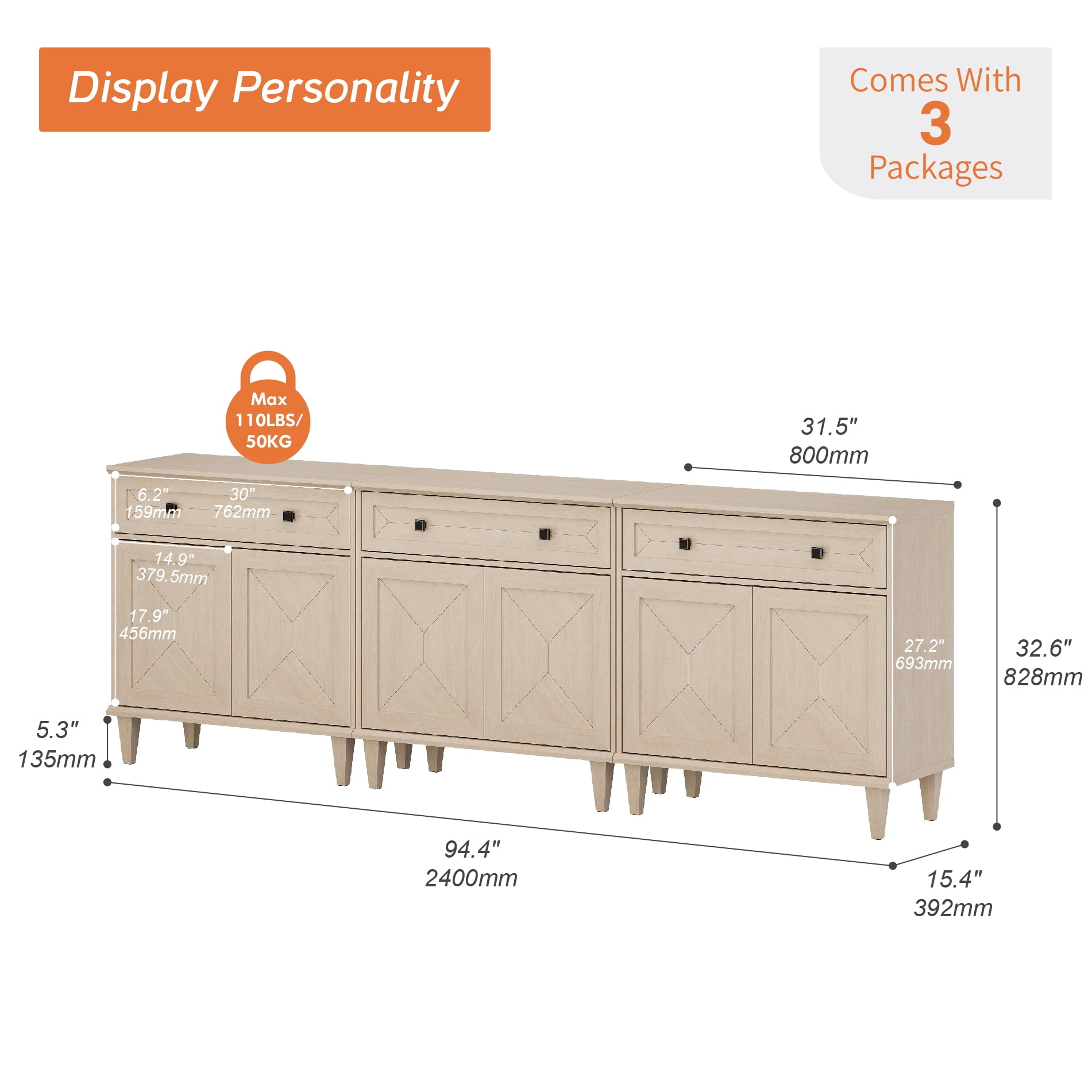 WAMPAT 3-in-1 Handmade Patchwork Buffet Cabinets,Beige