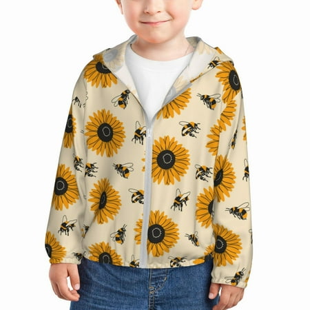 

Sun Hoodie for Kids Bees yellow sunflowers cute Long Sleeve Swim Fishing Shirts Sun Protection Zip Up Jacket Clothing Athletic Hoodie