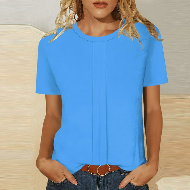 HongQid Hauts pour Femmes Été Manches Courtes Col Ras du Cou T-Shirts Plissés Mode T-Shirt Basique