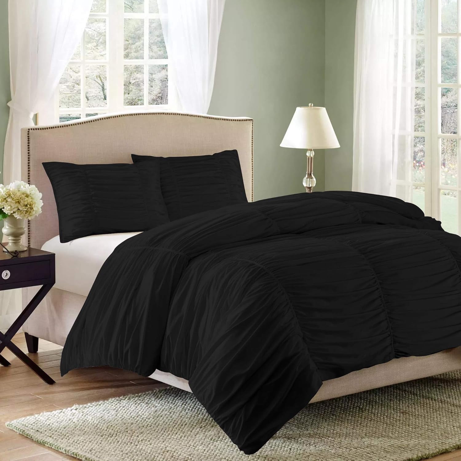 DNG Creations 5 Piece Ruched Pattern Duvet Cover 100% Egyptian Cotton, 800 TC- With Zipper Closure & Corner Ties ( Solid Black - Oversized King )