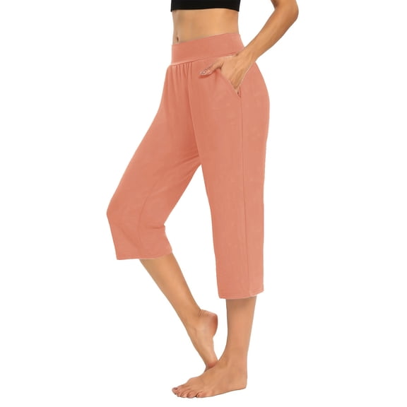 Summer Lightweight Capris Pants for Women Solid Color Breathable Leggings with Pockets Stretch High Waist Wide Leg Workout Yoga Athletic Cropped Trousers New Orange XL