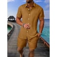 thumbnail image 3 of Men’s 2-Piece Solid Color Set Summer Short Sleeve Button-Down Shirt with Pocket and Matching Pants Beige L, 3 of 5