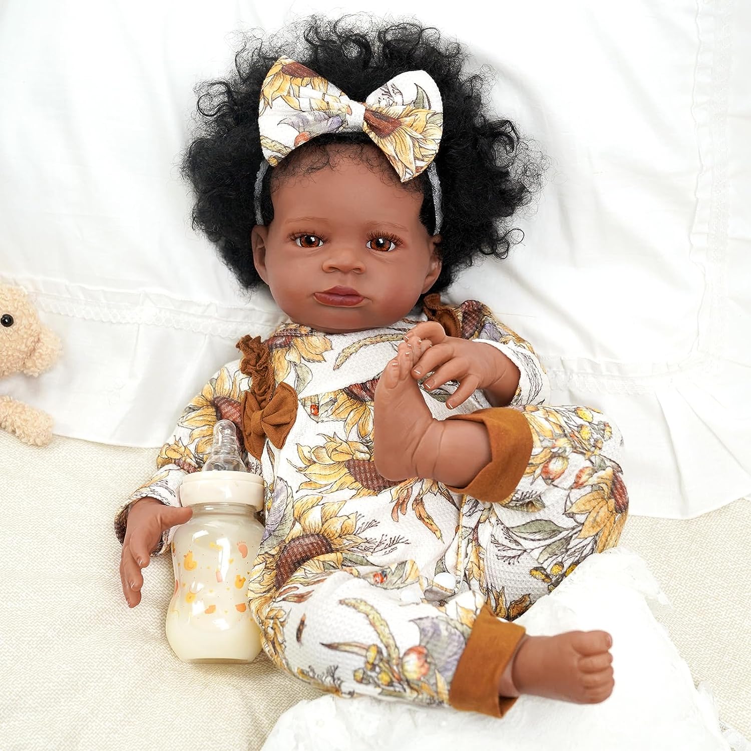 22" African American Reborn Baby Doll - Realistic Lifelike Newborn Girl With Afro Puffs & Feeding Set