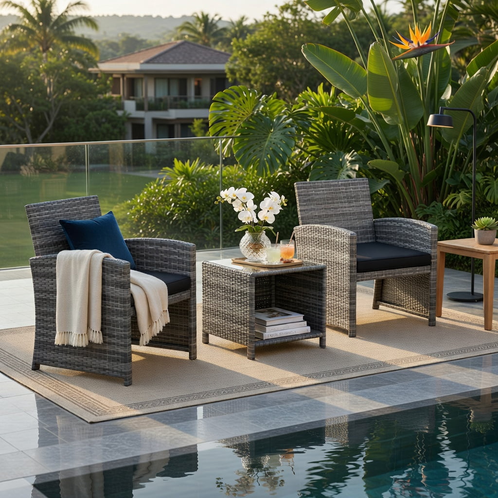 Hommoo 3-Piece Outdoor Patio Furniture Set, PE Rattan Sofa Set with Tempered Glass Coffee Table, Removable Cushions, Heavy-Duty Metal Frame, Black