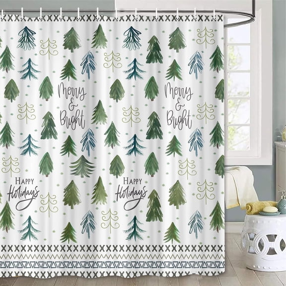 Winter Christmas Shower Curtain Green Christmas Tree Snow Forest Bathroom Decor Teal Pine Tree Bath Curtain Nature Scene Xmas Holiday Bathroom Decor Hooks Included 70X75in
