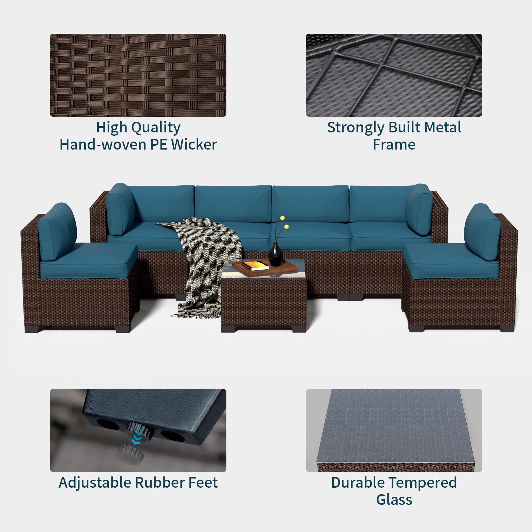 7-Piece Outdoor Patio Furniture Set, PE Rattan Sectional Sofa with Waterproof Cushions & Coffee Table, Modern Patio Conversation Set for Porch, Balcony, Backyard (Peacock Blue)