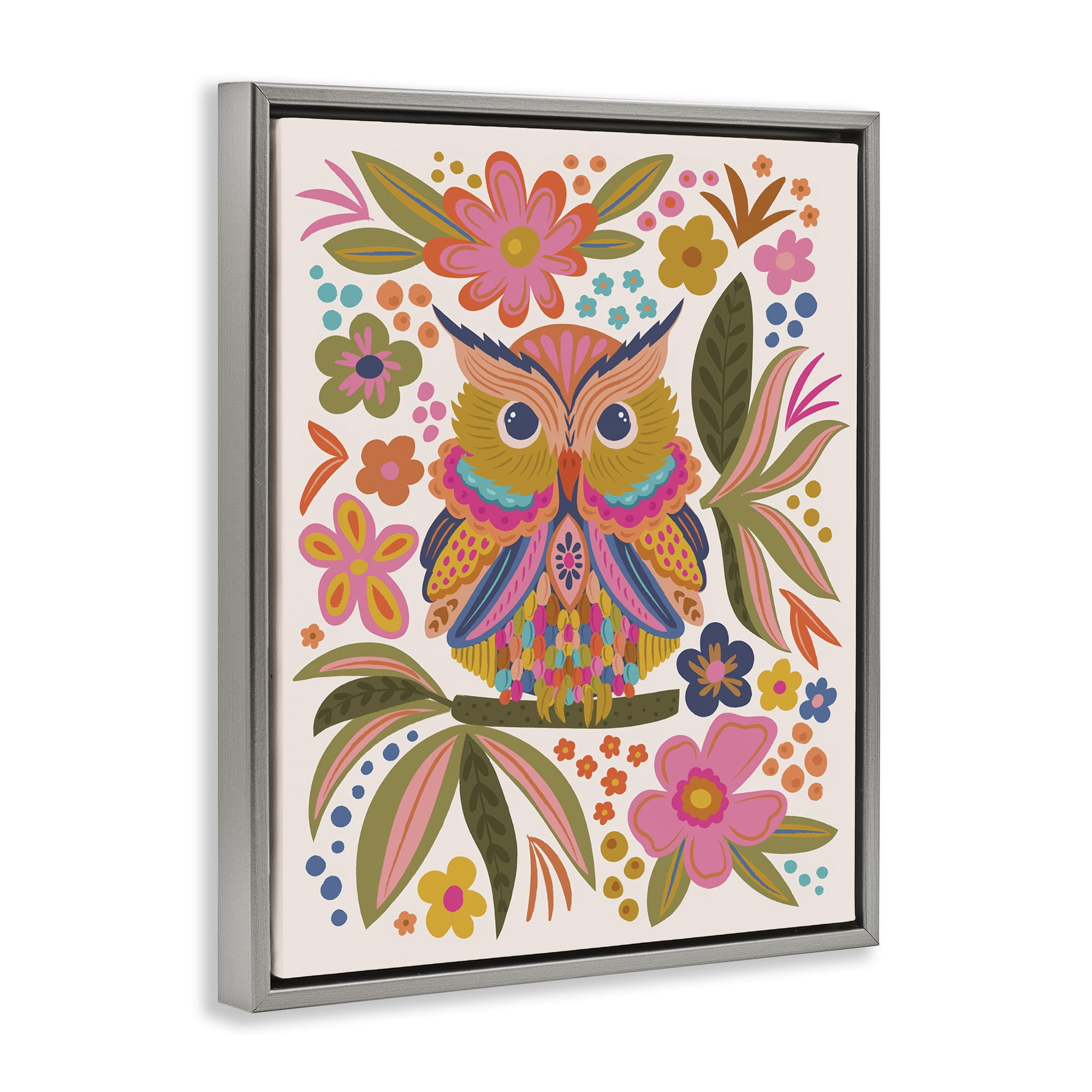 Stupell Industries Eclectic Owl & Flowers Animals Painting Gray Floater Framed Canvas Art Print Wall Art, 17 x 21