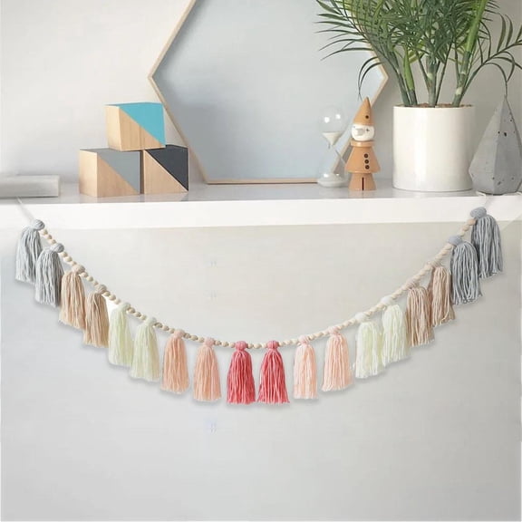 Boho Tassel Garland Hanging Wall Decor - Handmade Wool & Wood Beads for Living Room, Nursery, Bedroom, Classroom, Office - Bohemian Gift Idea