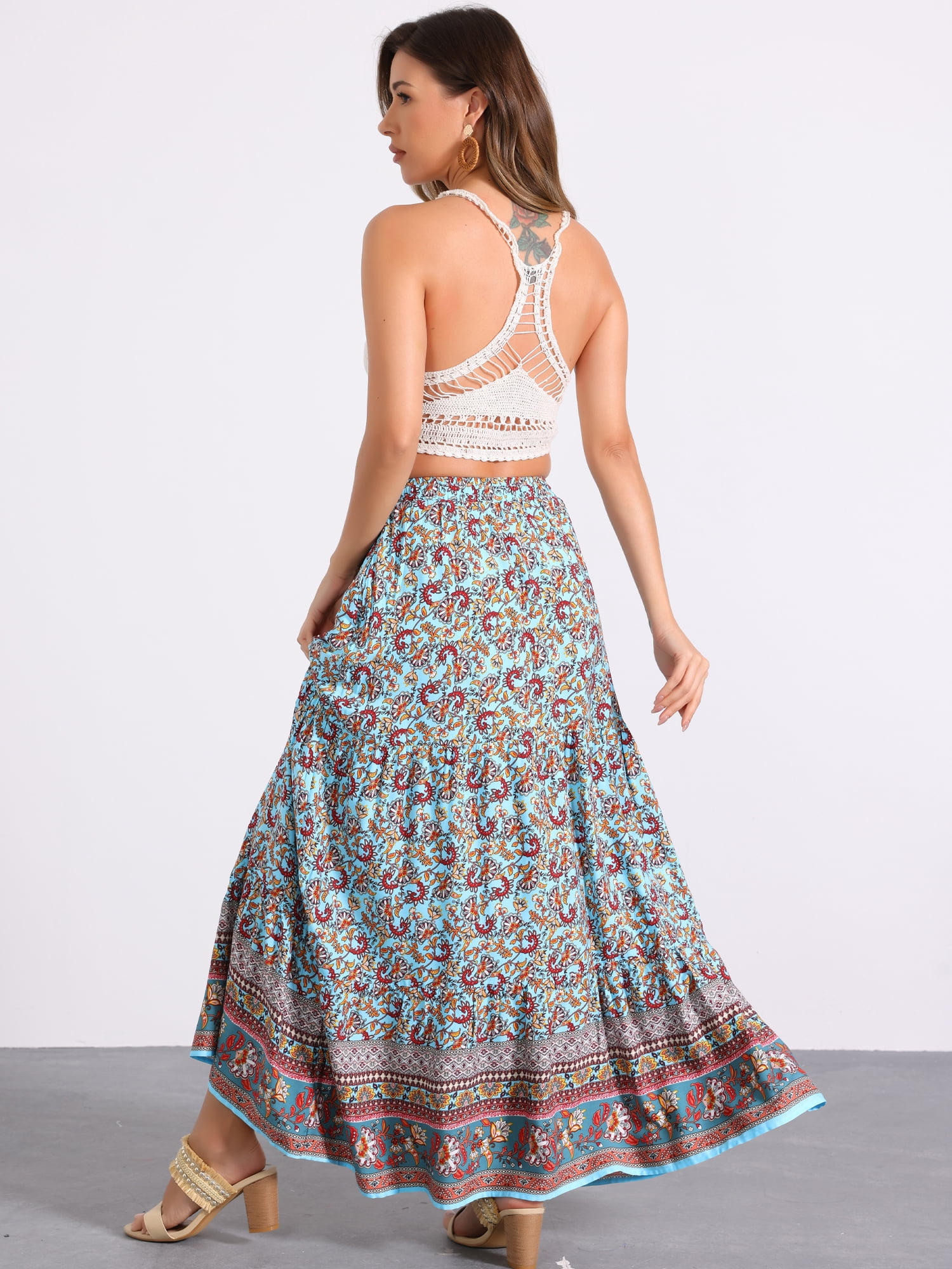 DARING DIVA Women's Boho Flare Floral Skirt XS Blue