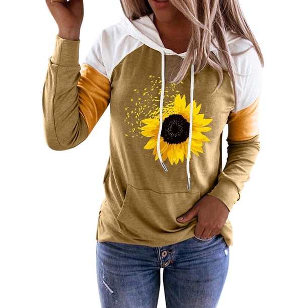 Gibobby Túnica de moda Camisetas de manga larga, sudaderas holgadas con capucha, sudaderas informales con bloques de color, sudaderas con capucha de para mujer con patrón Floral (Caqui, L)