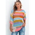 thumbnail image 3 of Plusashion Chic Pink Stripe Crochet Sweater - 3/4 Sleeve V-neck, Cozy & Stylish, 3 of 8