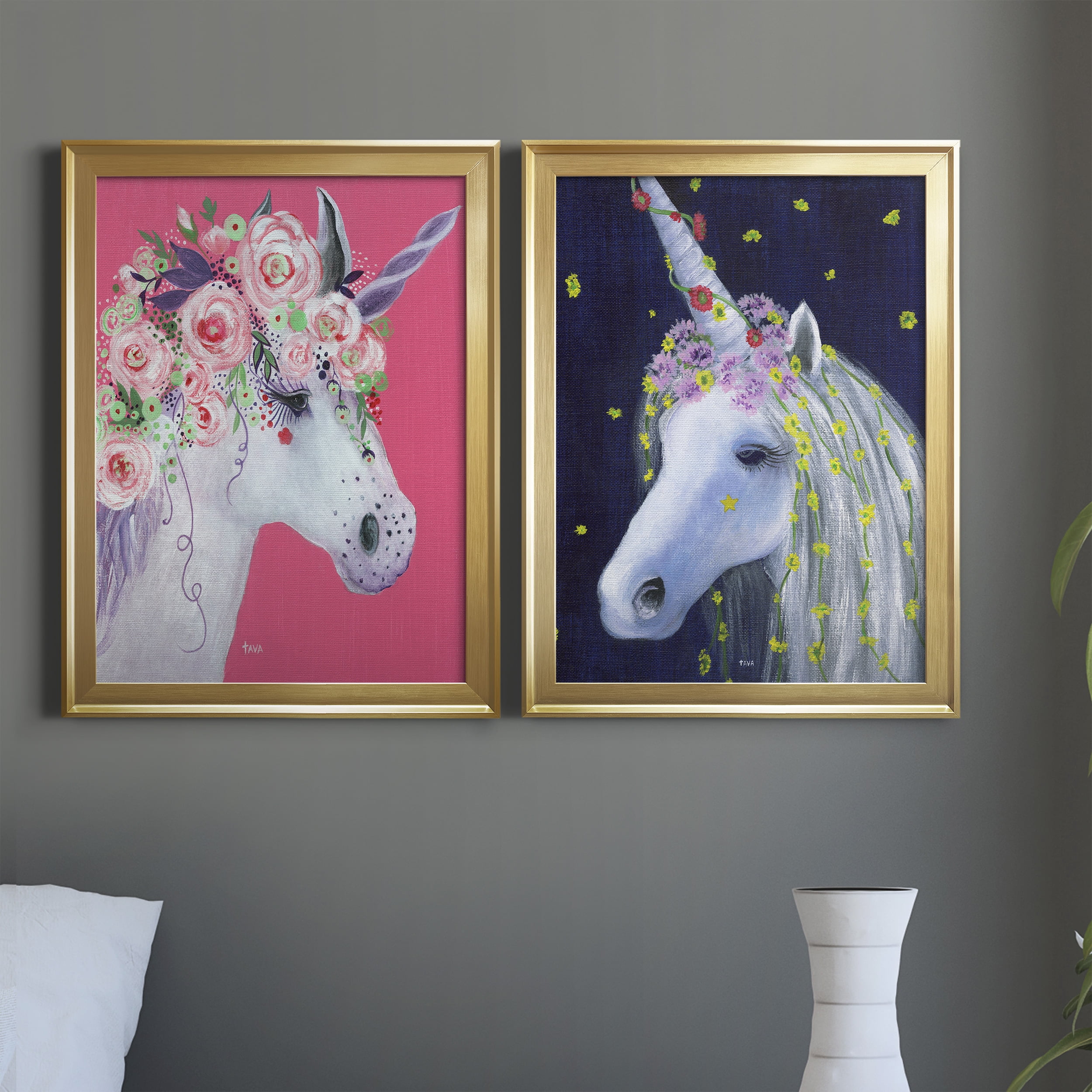 2 Piece Set Unicorn III Premium Framed Canvas - Ready to Hang - 18.5 x 24.5 Each - Gold Frame