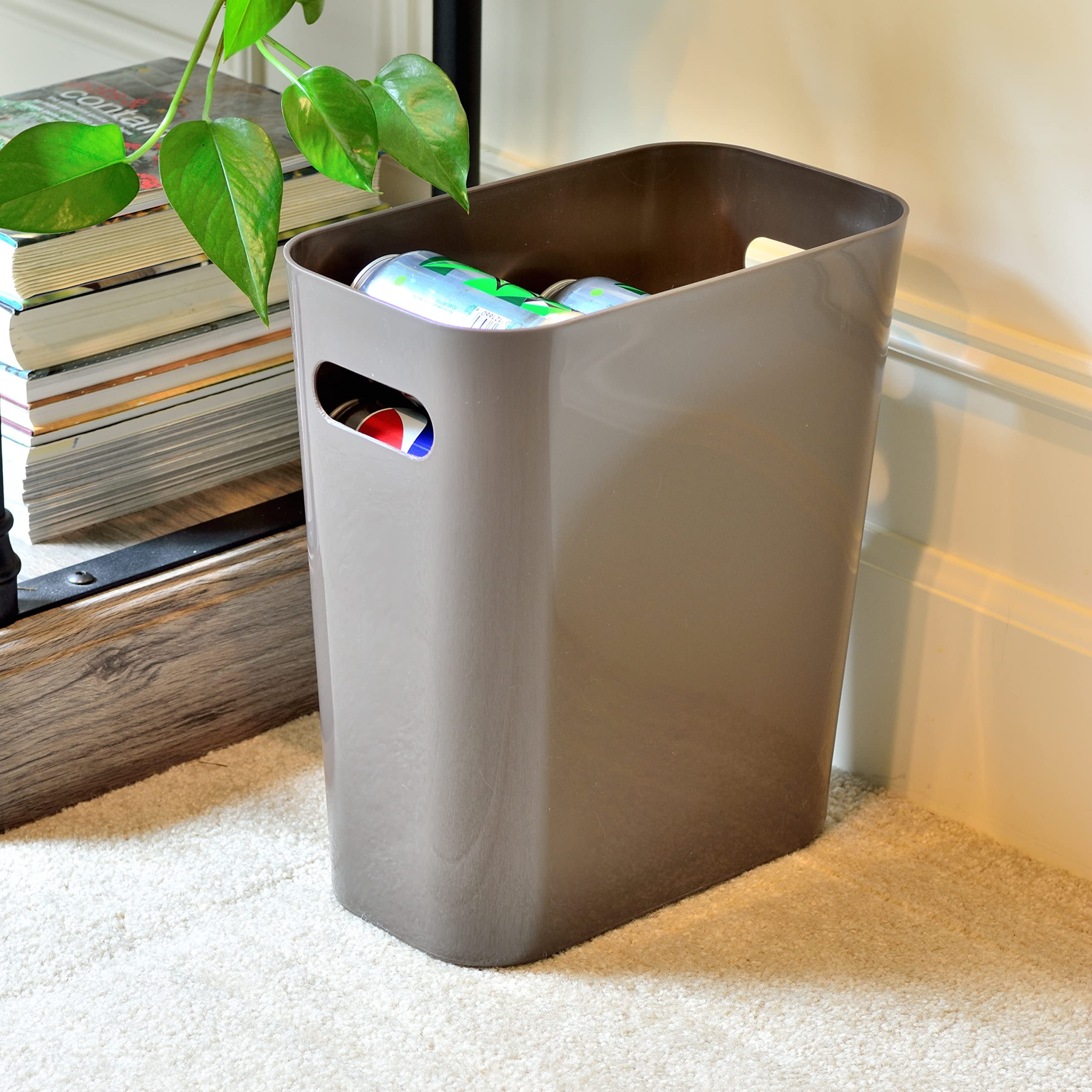 Youngever 2 Pack 3 Gallon Slim Trash Can, Plastic Garbage Container Bin, Trash Bin with Handles for Home Office, Living Room, Study Room, Kitchen, Bathroom (Brown)