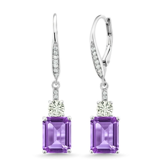 Gem Stone King 925 Sterling Silver Purple Amethyst and White Moissanite Dangle Earrings for Women (5.46 Cttw, Gemstone February Birthstone, Emerald Cut 9X7MM)