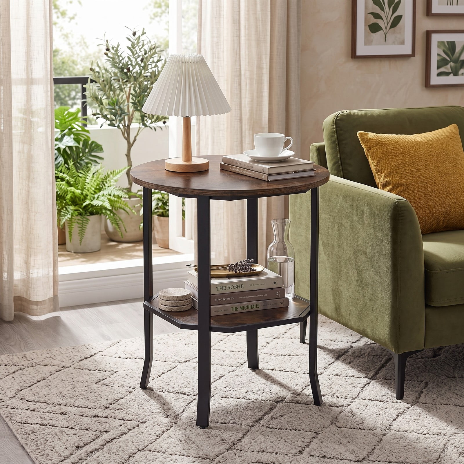 Furnibear Round Side Table Small End Table with Storage Shelf, 2-Tier Nightstand Sofa Bedside Table for Small Space Living Room Bedroom, Rustic Brown