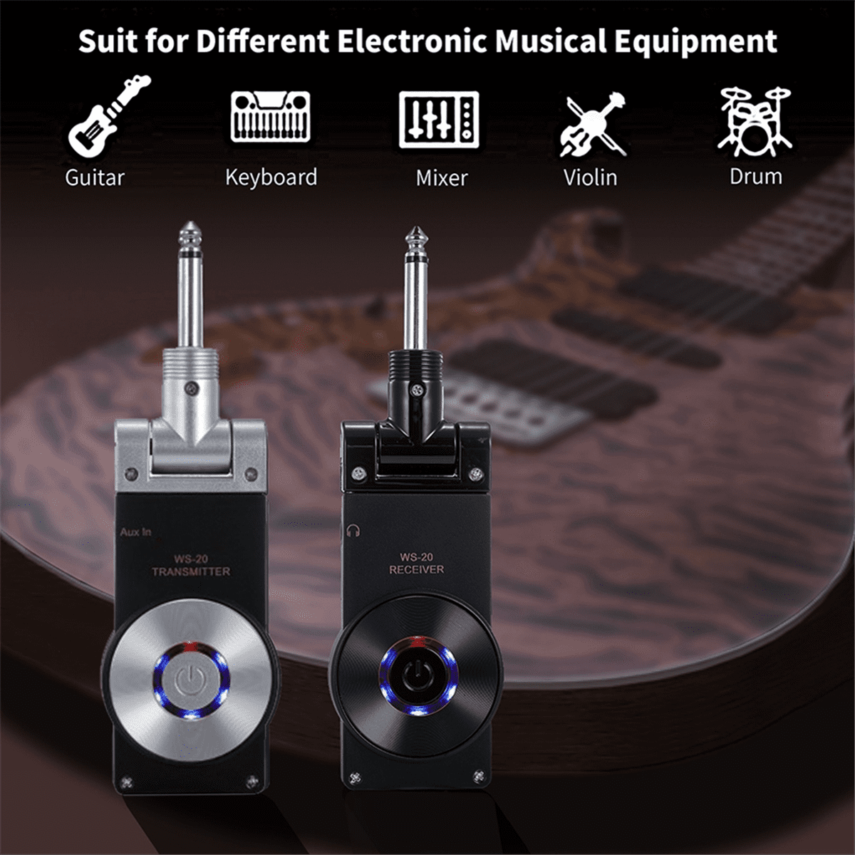 2.4G Guitar Wireless System Transmitter Receiver Rechargeable 180 Rotatable