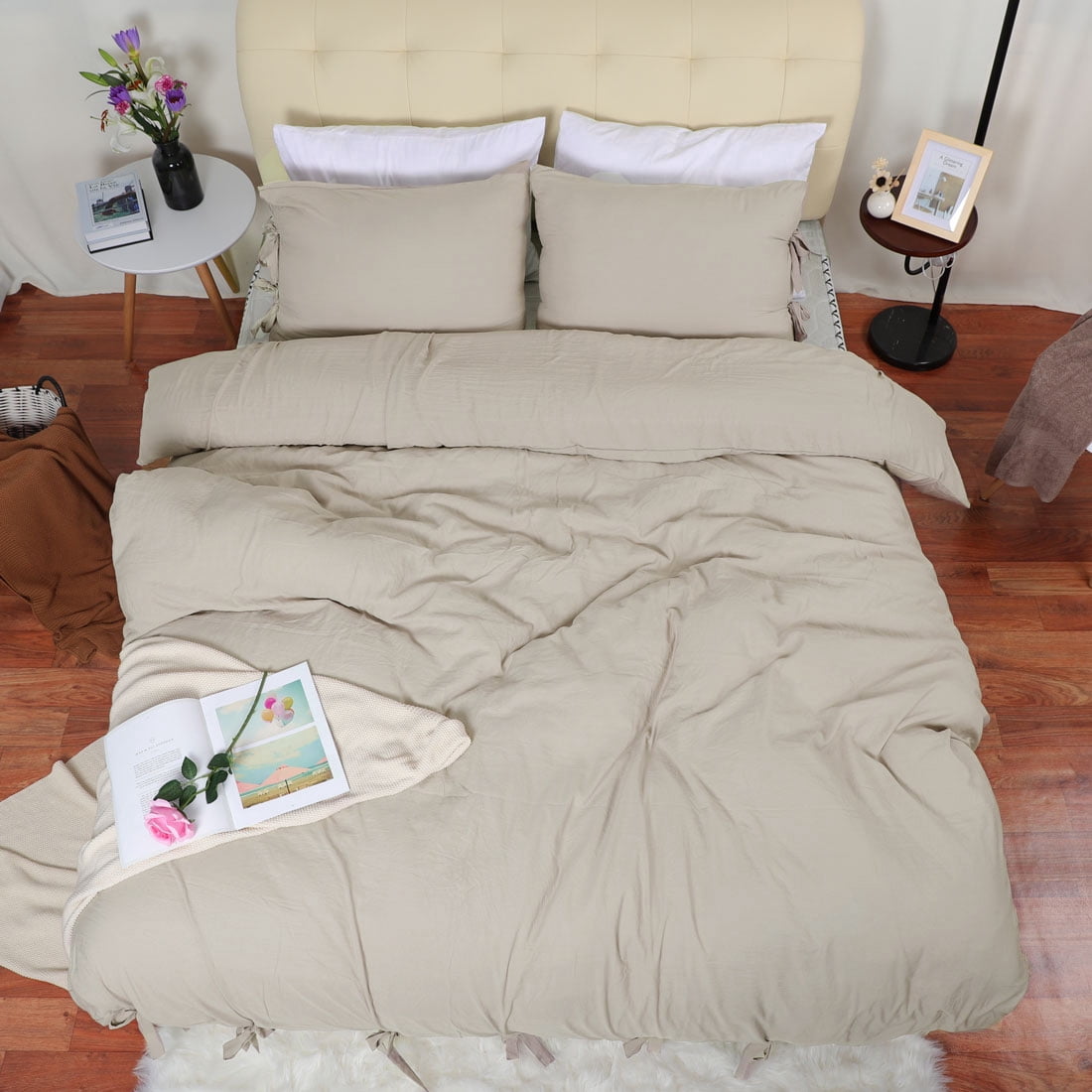 Unique Bargains Washed Cotton Duvet Cover Pillowcase Bedding Set Queen Tan