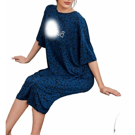 

Casual Letter Graphic Round Neck Sleepshirts Elbow-Length Navy Blue Womens Nightgowns & Sleepshirts (Women s)