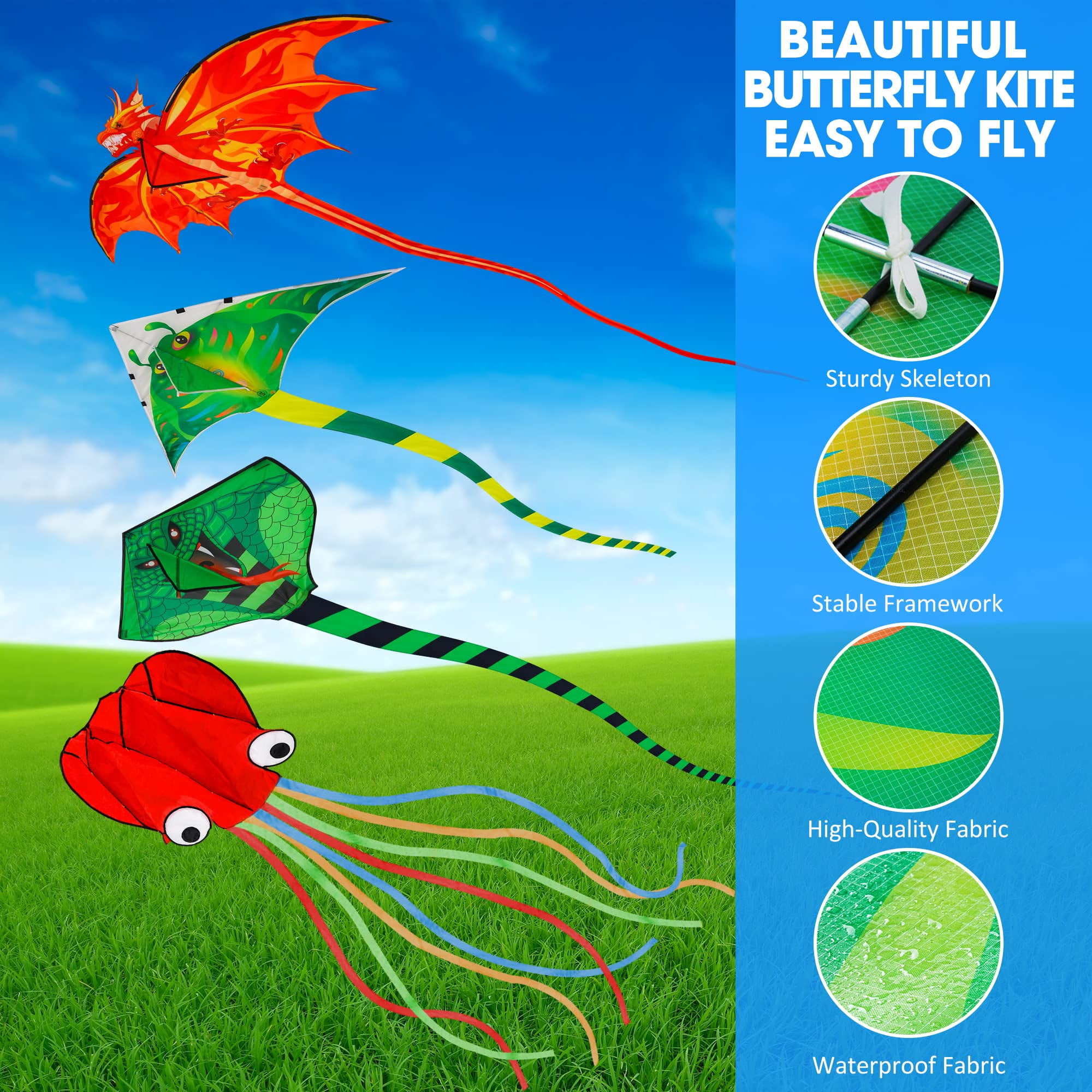 4 Pack Kites - Large Fire Dragon Kite Green Snake Kite Devil Fish Kite Red Mollusc Octopus with Long Colorful Tail for Kids Adults Outdoor Game Activities