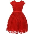 thumbnail image 2 of Little Girl Cap Sleeve V Neck Flower Stretch Lace Corsage Casual Party Dress (20JK66S) Red 2, 2 of 4