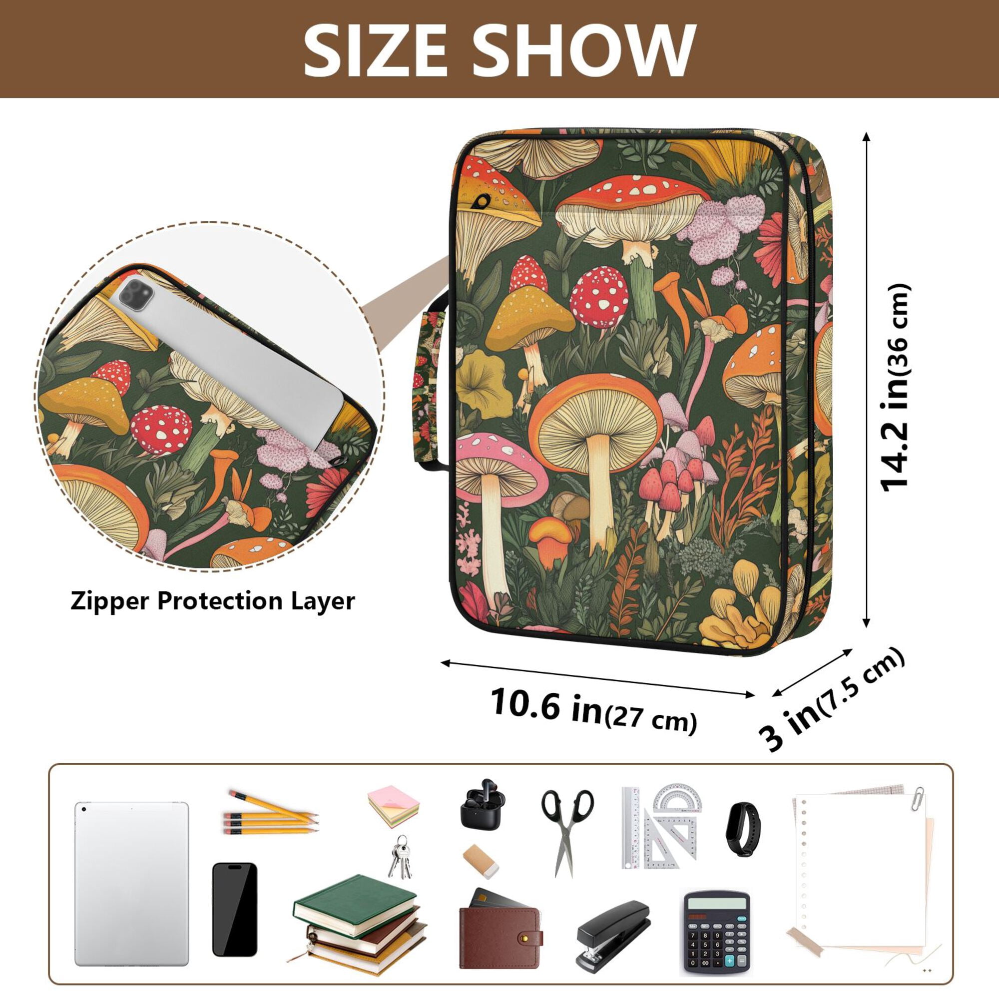 FORMRS Accordion File Folder A4 Size 7-Pocket Expanding Document Organizer Bag with 3 Ring Binder, Colorful Mushroom