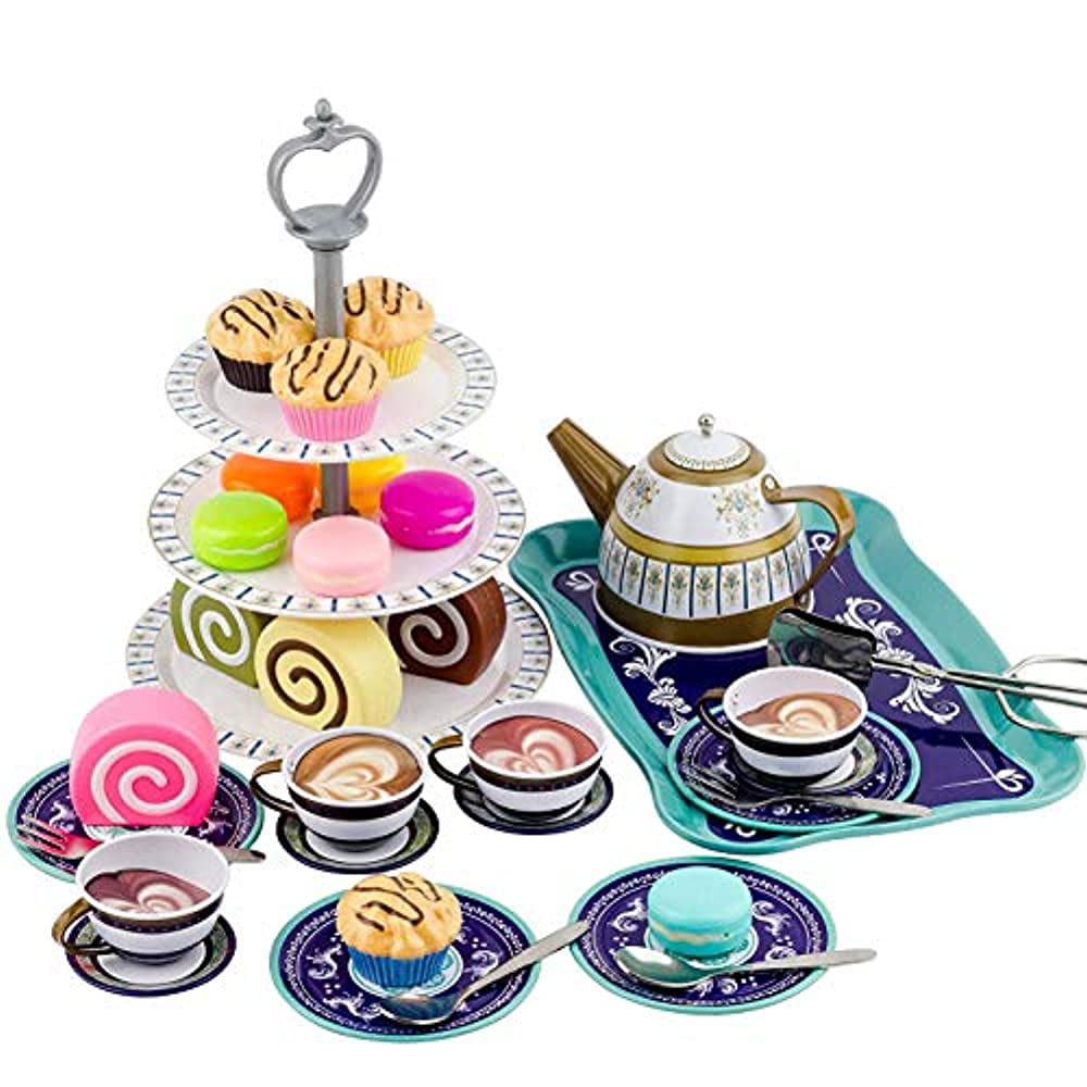 Toy Tea-Set Food Metal Kitchen Play Cups Cake Saucers Childrens Teapot Afternoon 
