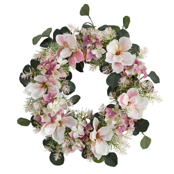 Nearly Natural Plastic All Occasion Hydrangea Magnolia Artificial Wreath, 20" (Multicolor)