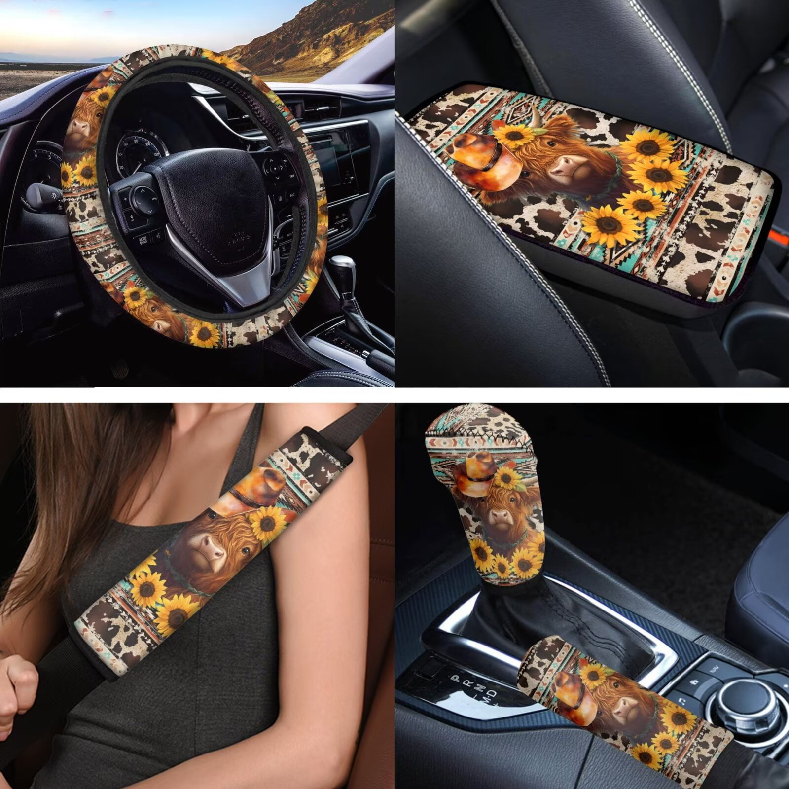 Uorisanigo Aztec Highland Cow Car Seat Covers Full Set Steering Wheel Cover Pack of 18 Universal Center Console Pad,Seat Belt Strap Pads,Hand Brake Headrest Gear Shift Cover,Coasters,Keychain