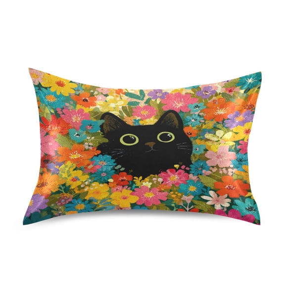 Satin Pillowcase Envelope Closure Pillow Cover Wrinkle-Resistant & Vibrant Print Black Cat Among Colorful Flowers