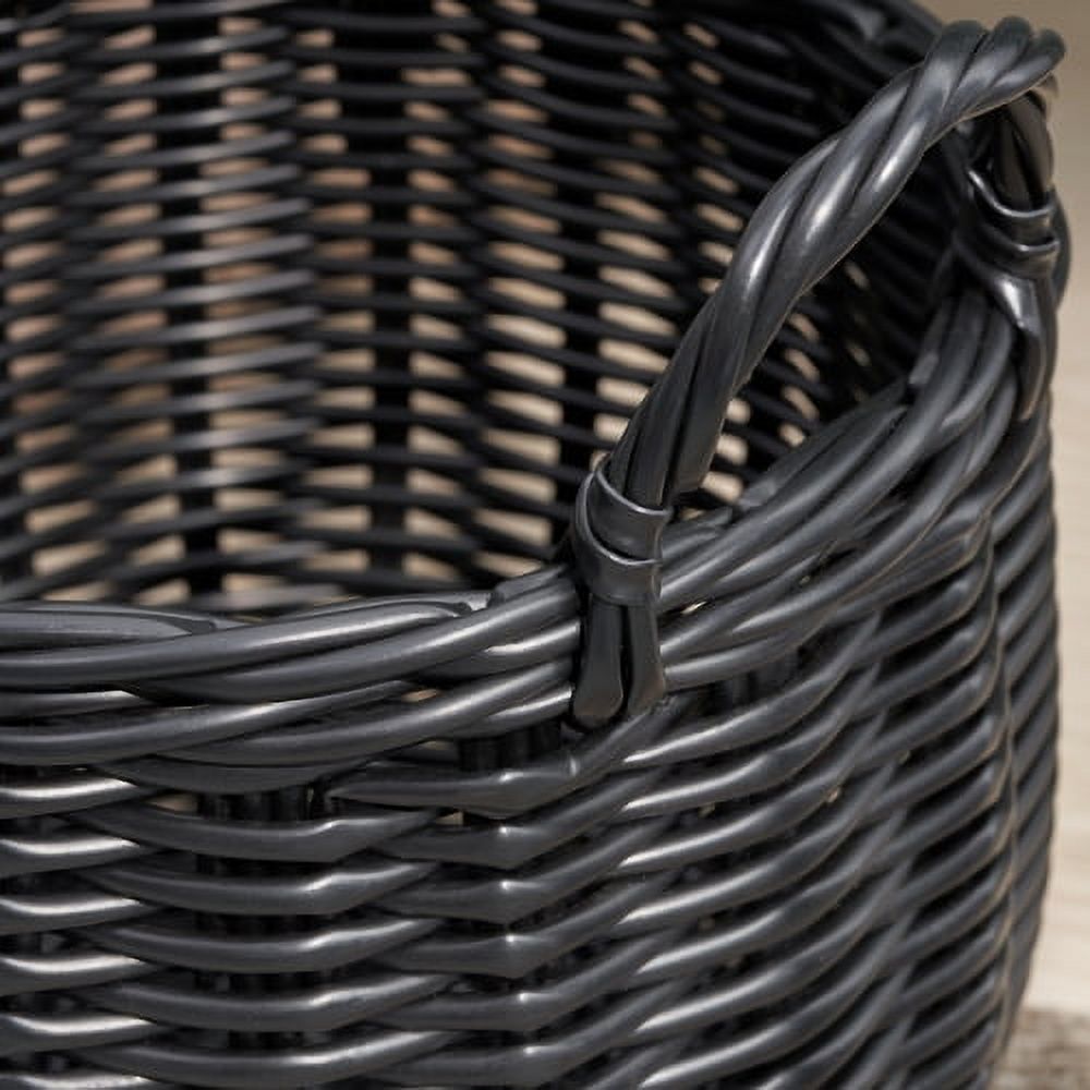 Round resin woven wicker basket with handles 13"x13"x10.2" black for clothes towels toys magazines storage and home decoration