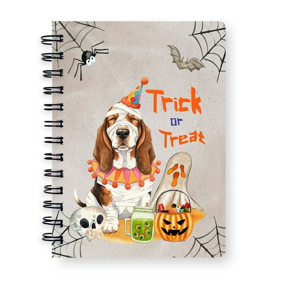 Trick or Treat Basset Hound Funny Mummy Cosplay Pumpkin Candy Basket Spiral Bound Journal Bassets Dog Breed Lovers Gifts Idea 5x7in Spiral Notebook - 12016