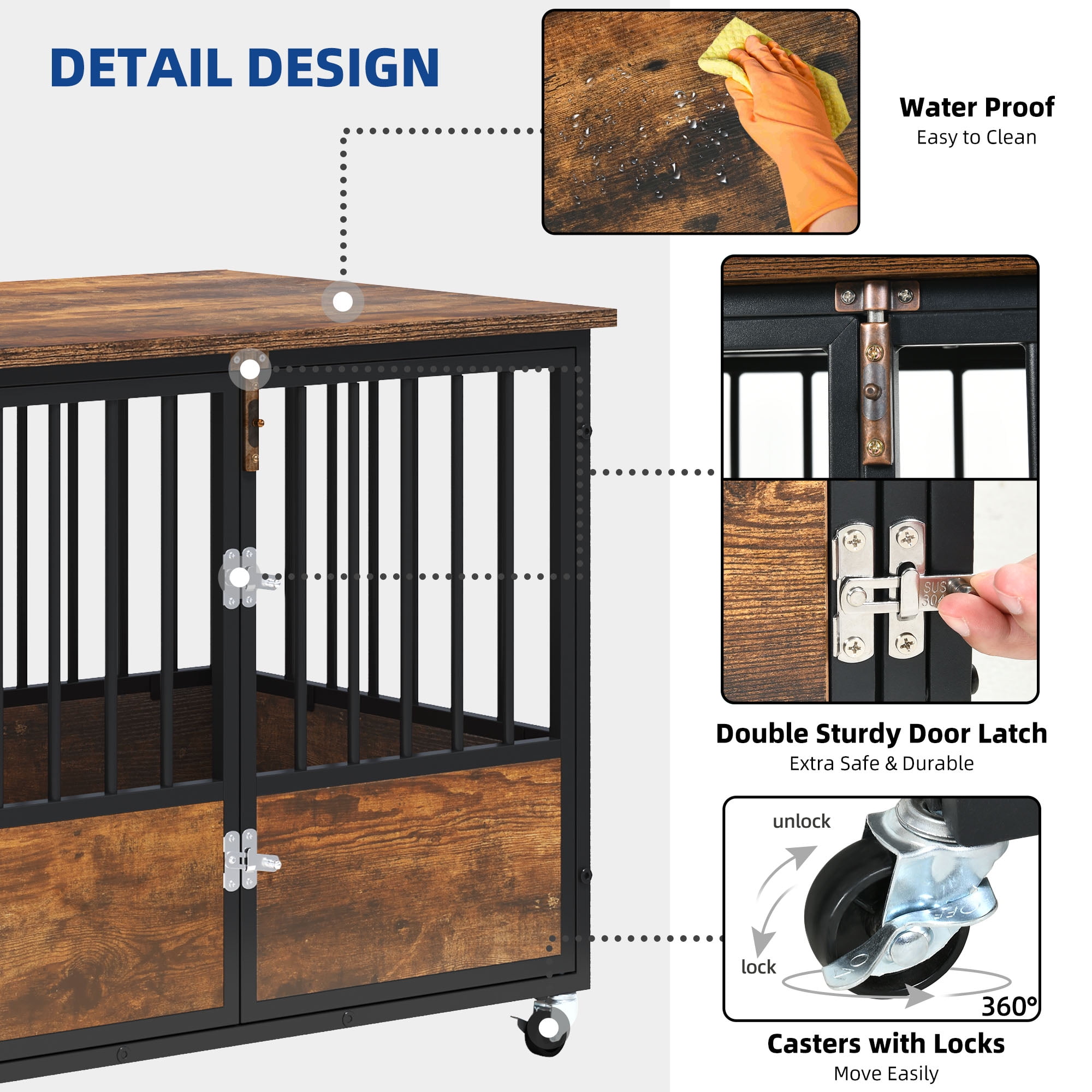 Uforic 38-Inch Wooden Dog Crate Furniture with Wheels and Double-Doors,Dog Kennel,Dog Cage for Indoor - Rustic Brown