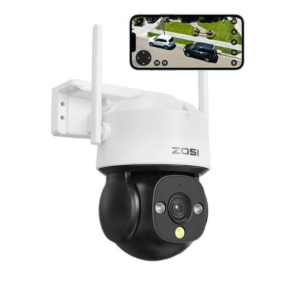 4MP WiFi 360° PTZ Security Camera Outdoor，ZOSI QHD 2.5K Wireless Security Camera with Color Night Vision, AI Human & Vehicle Detection, Auto Tracking, Siren Alarm, Two Way Audio