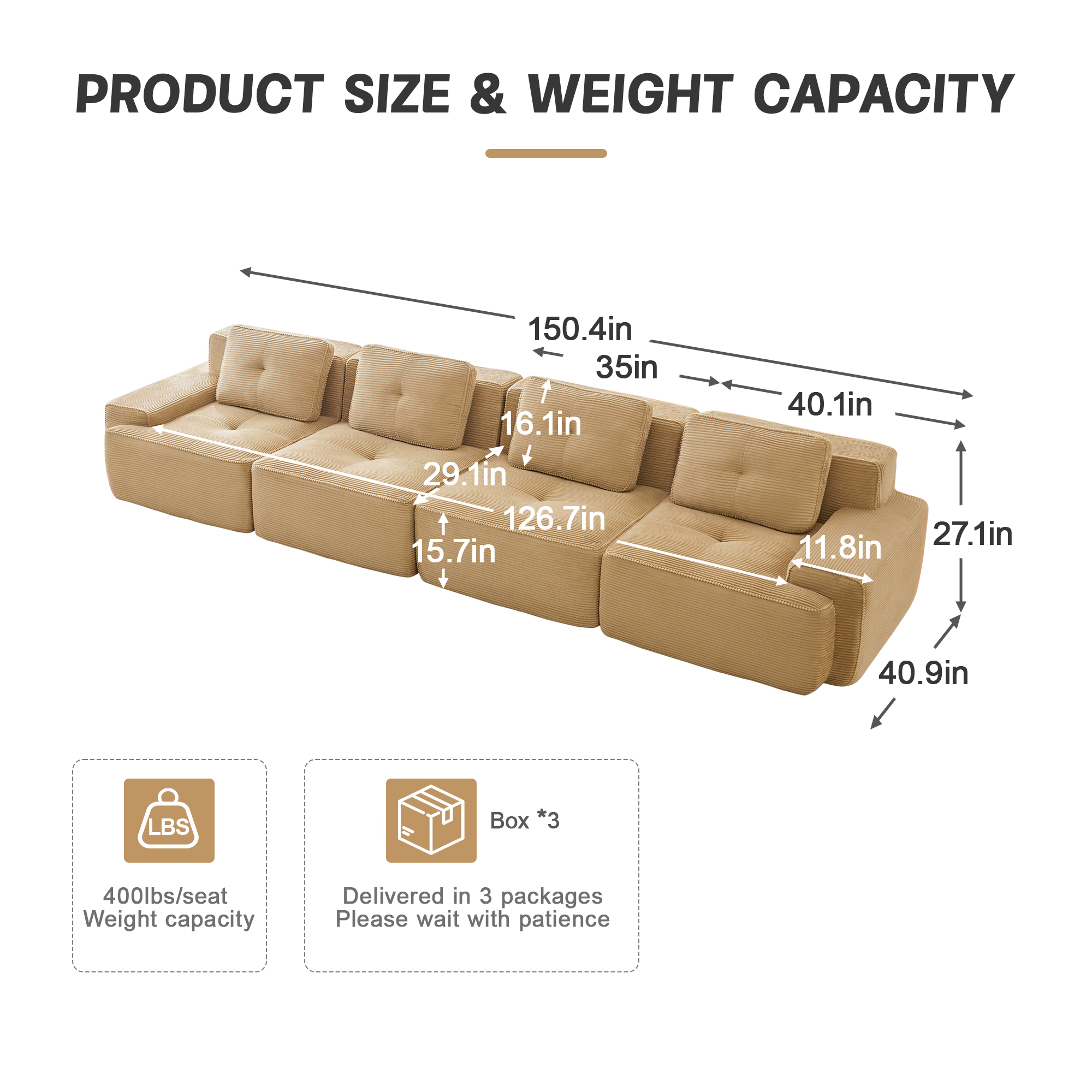 Anpport 153" Oversized 4-Seater Modular Sectional Couch, Camel Corduroy with Cushions, Tufted Design, Buckle Connection, Anti-Slip, No Assembly for Living Room