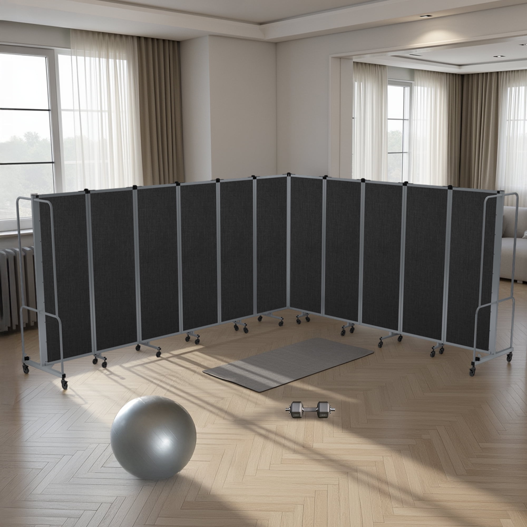 Hampden Furnishings Otis Collection Portable Room Divider, 11 Black Panels, Grey Frame