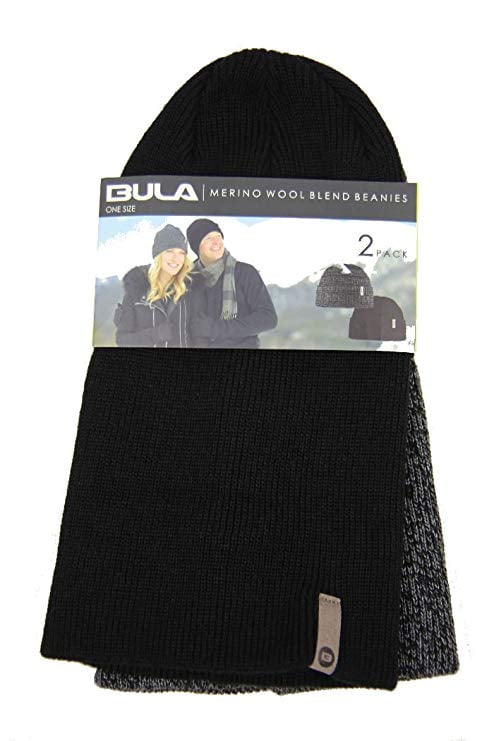 Bula Merino Wool Blend Beanies 2 Pack NEW Black & Gray Breathable NEW 2-Hats 