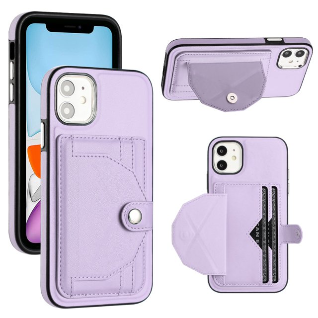 Leather Wallet Case For iPhone 12 Pro / 12 6.1",Premium Leather Material with Back Card Holders Magnetic Button Full Body Shockproof Luxury Case,Purple