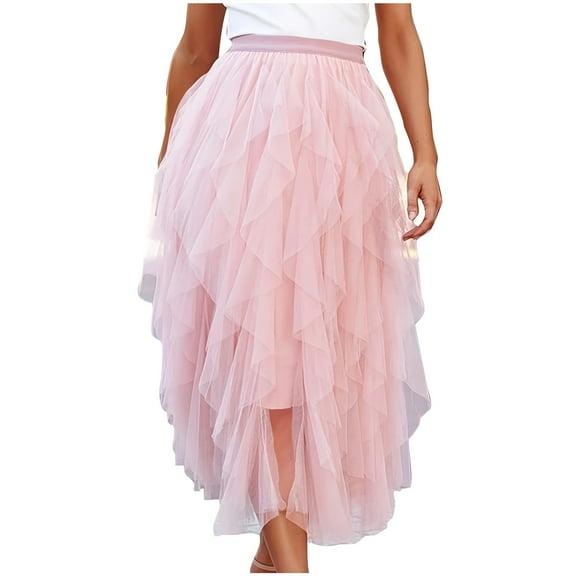 GigrtiJin Women's Tulle Skirt A-Line High Low Asymmetrical Skirts Elastic Waist Mesh Flowy Party Long Skirts