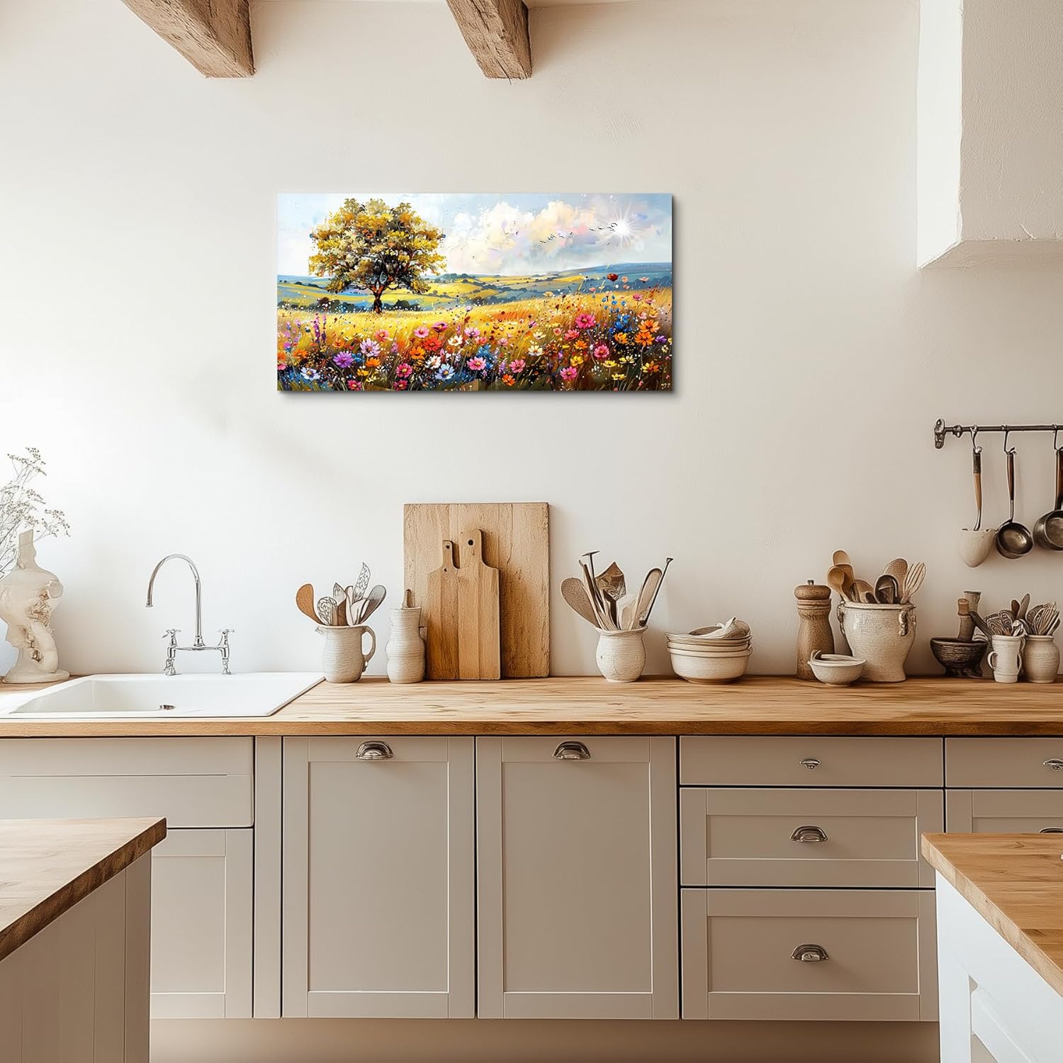 Tree Landscape Wall Art Print Country Wildflower Large Artwork Spring Colorful Scenery Painting for Living Room Bedroom Modern Rustic Farmhouse Decor - 20"x40"