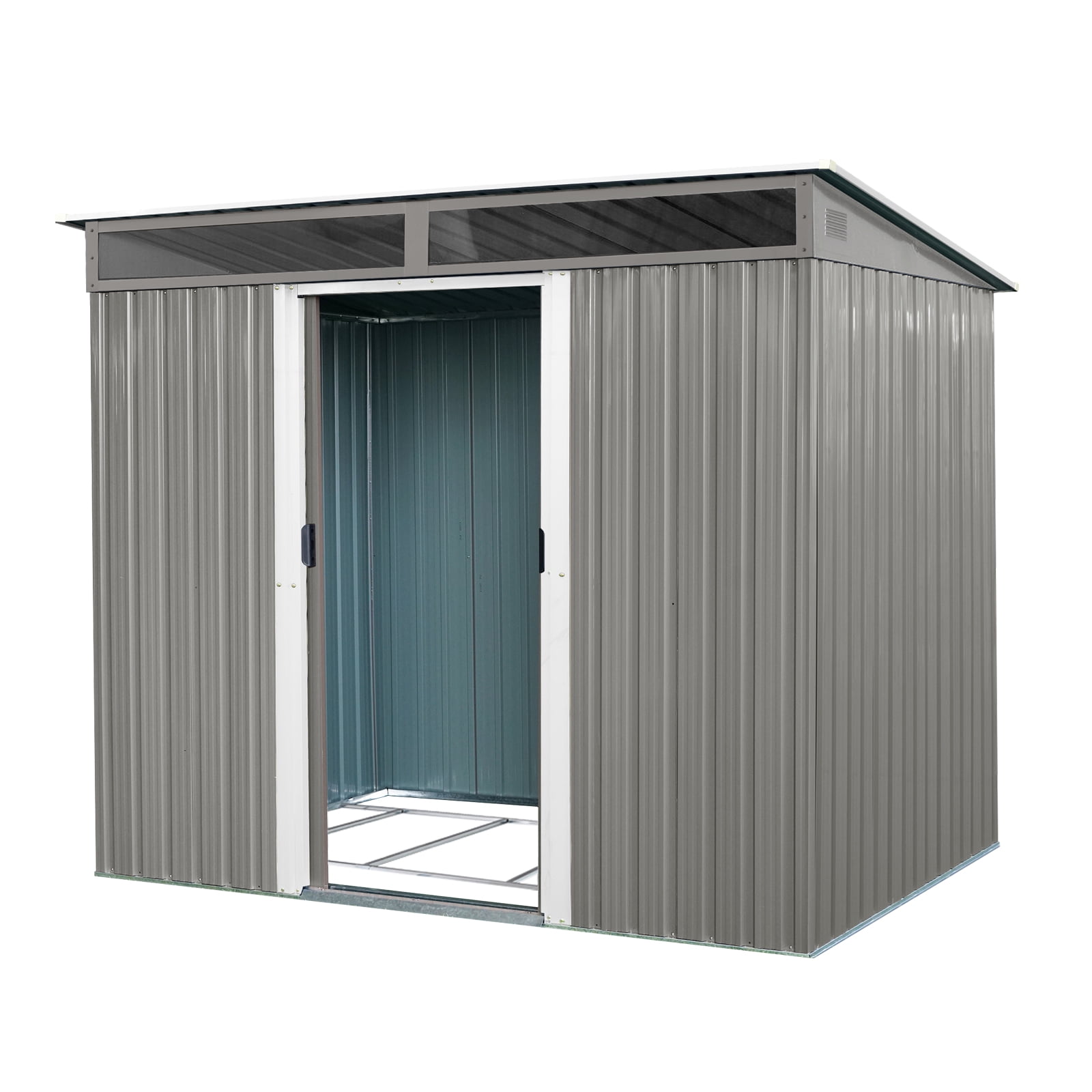 Mintazer 8x6FT Galvanized Steel Outdoor Storage Shed with Front Translucent Skylights, Weatherproof Metal Garden Tool Shed with Lockable Sliding Doors for Backyard Lawn Patio