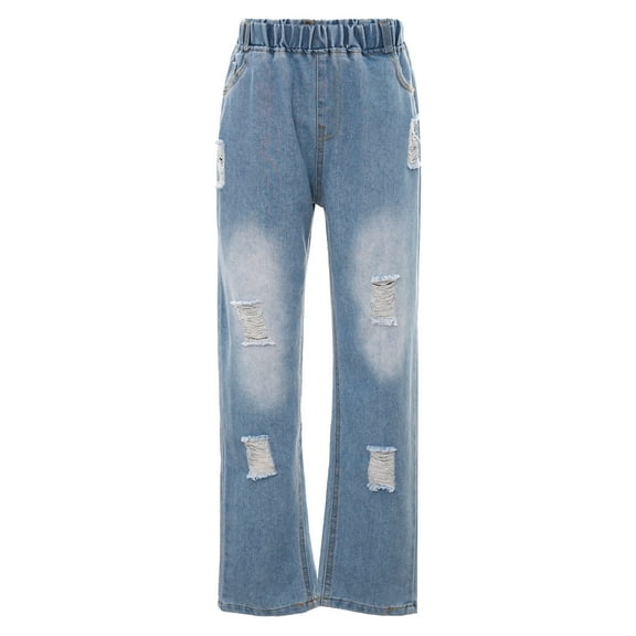 Aislor Big Girls Kids Ripped Denim Pants Blue Holes Stretchy Skinny Casual Trousers