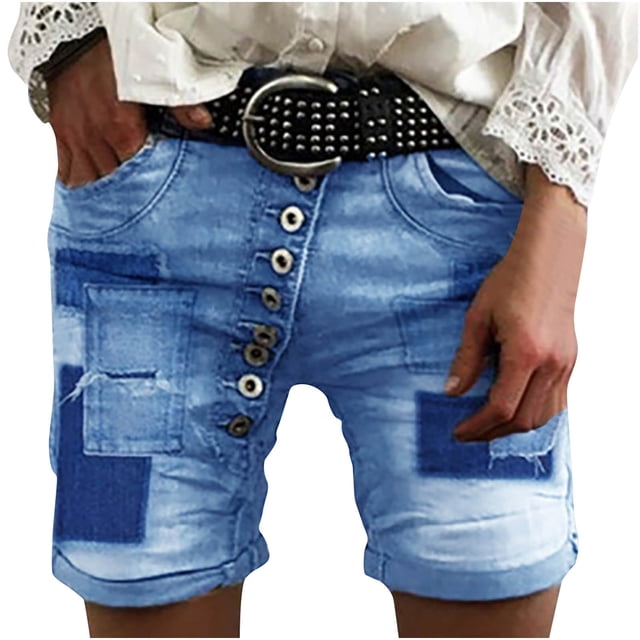 AherBiu Shorts en Jean Courts pour Femmes Taille Haute Patchwork Été Classique Coupe Ajustée Shorts en Denim avec Poches