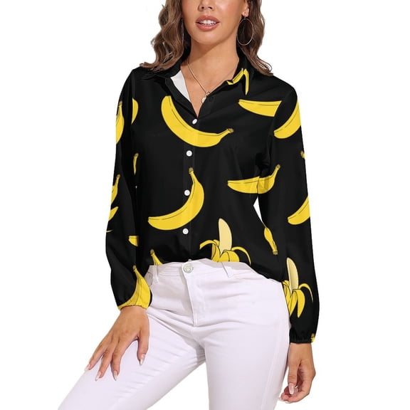 Bananas On Black Background Long Sleeve Blouse Woman Streetwear Casual Shirts Summer Oversize Woman Streetwear Clothing Birthday Present
